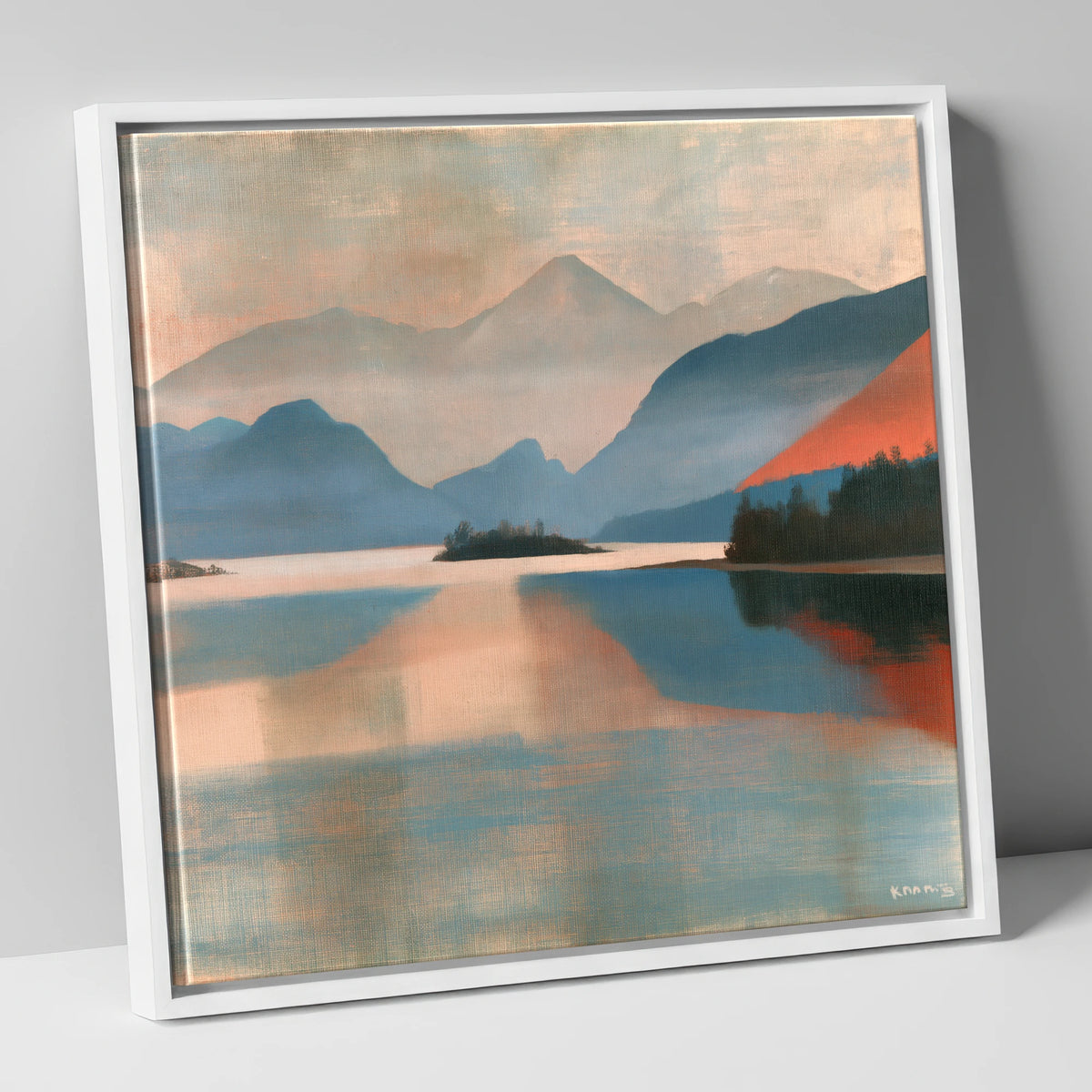 Terracotta Sunset on Derwentwater lake district lake canvas wall art in white frame