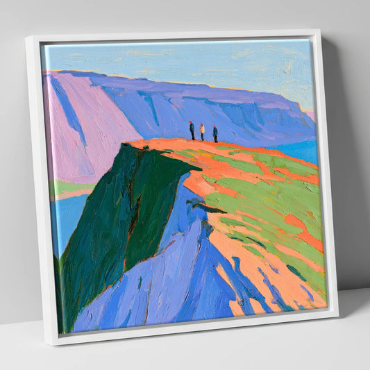 Hikers on a Vibrant Fell Top lake district fell canvas wall art in white frame