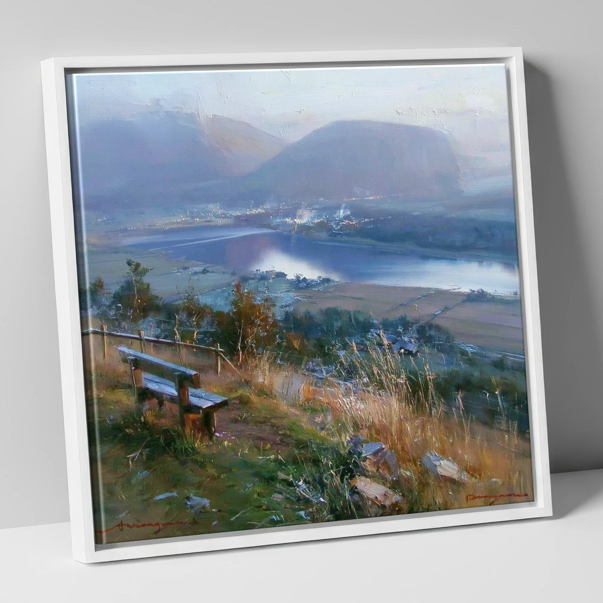 Elevated Bench Over Loweswater lake district lake canvas wall art in white frame