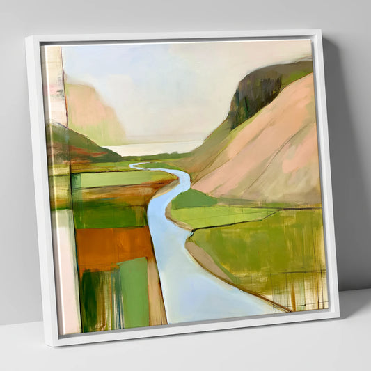 Azure Winding River Valley lake district waterfall canvas wall art in white frame