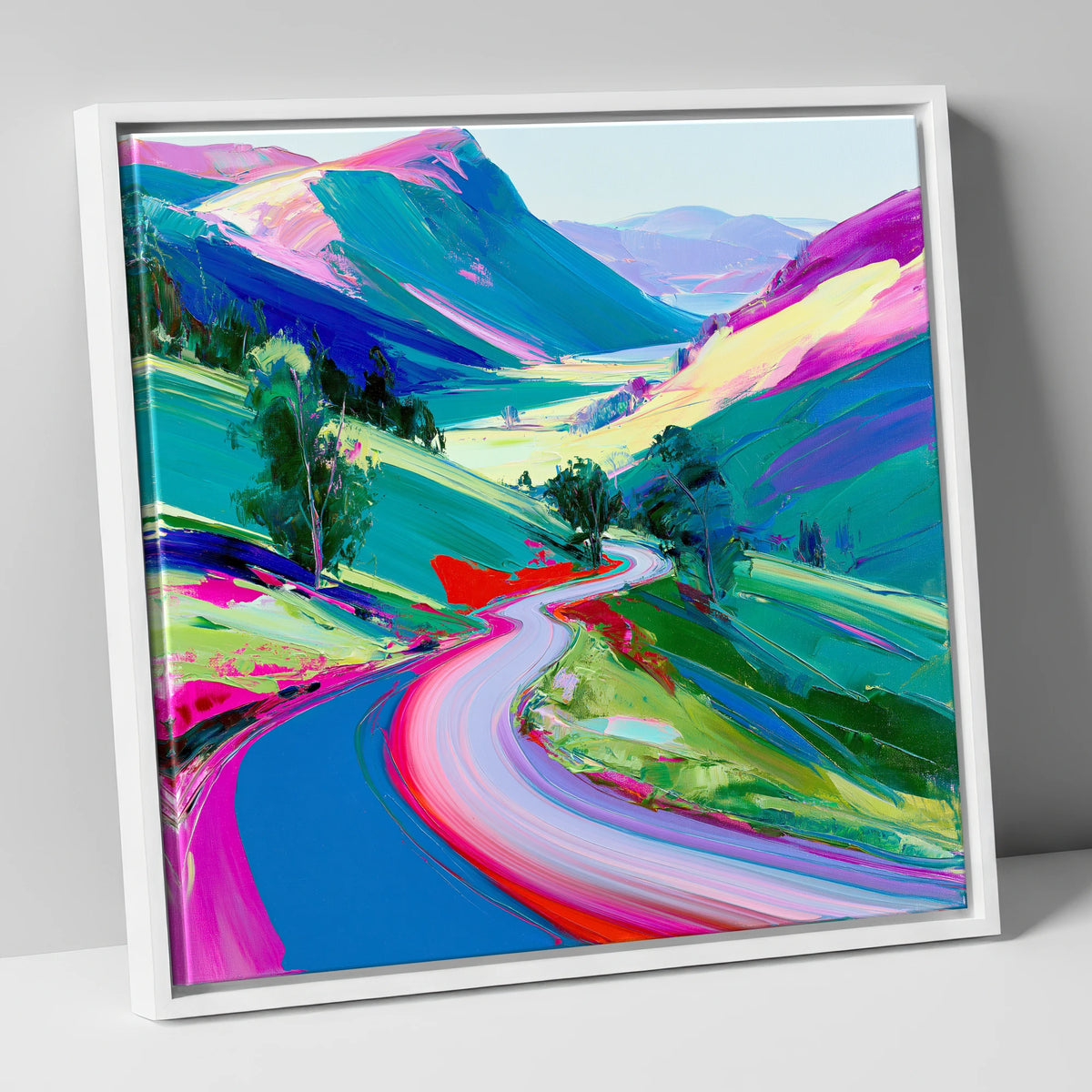 Vivid Winding Mountain Pass lake district valley canvas wall art in white frame