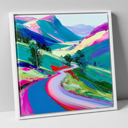 Vivid Winding Mountain Pass lake district valley canvas wall art in white frame