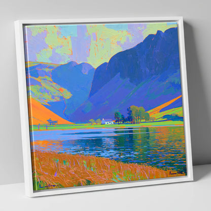 Vibrant Buttermere and White Cottage lake district lake canvas wall art in white frame