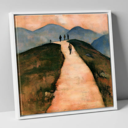 Walkers on a Warm Mountain Path lake district walking canvas wall art in white frame
