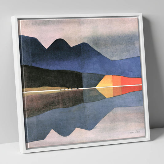Calm Lake Reflections in Indigo lake district lake canvas wall art in white frame