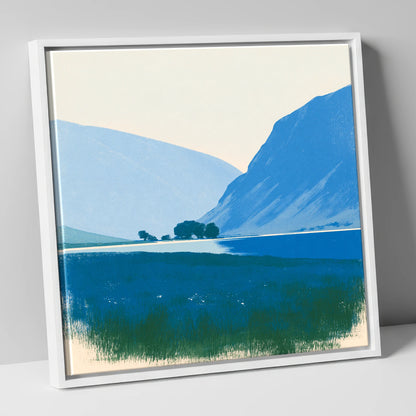 Blue Fells and Still Lake lake district lake canvas wall art in white frame