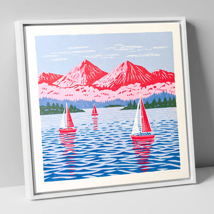 Windermere Sailboats Beneath Pink Fells lake district lake canvas wall art in white frame