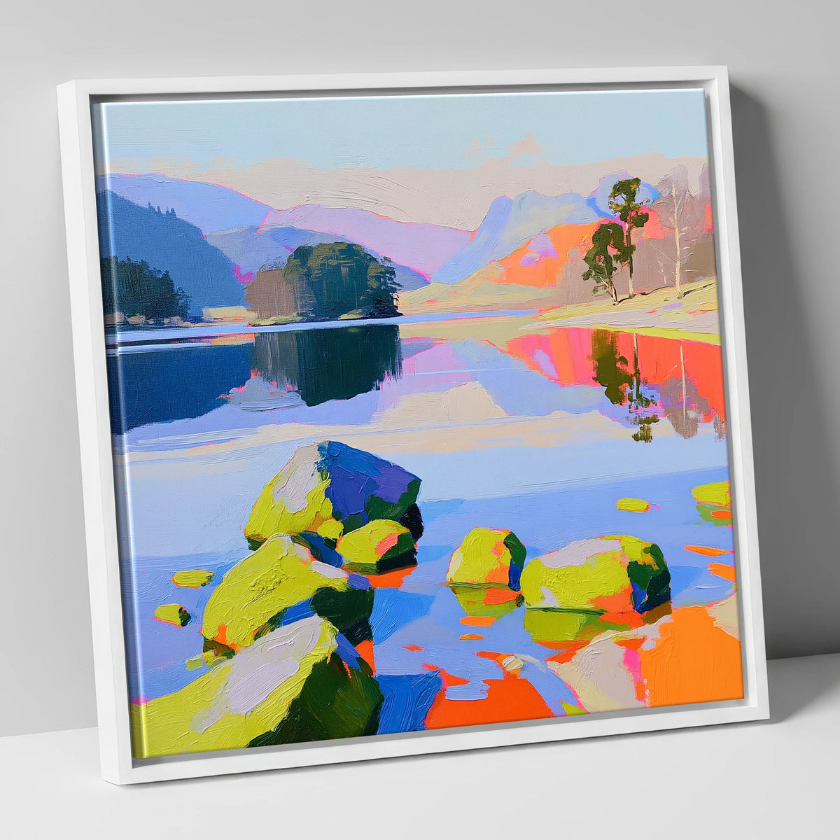 Colourful Rydal Water Boulders lake district lake canvas wall art in white frame