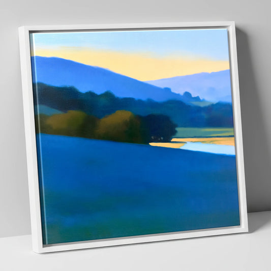 Golden Evening Over Blue Fells lake district sky canvas wall art in white frame