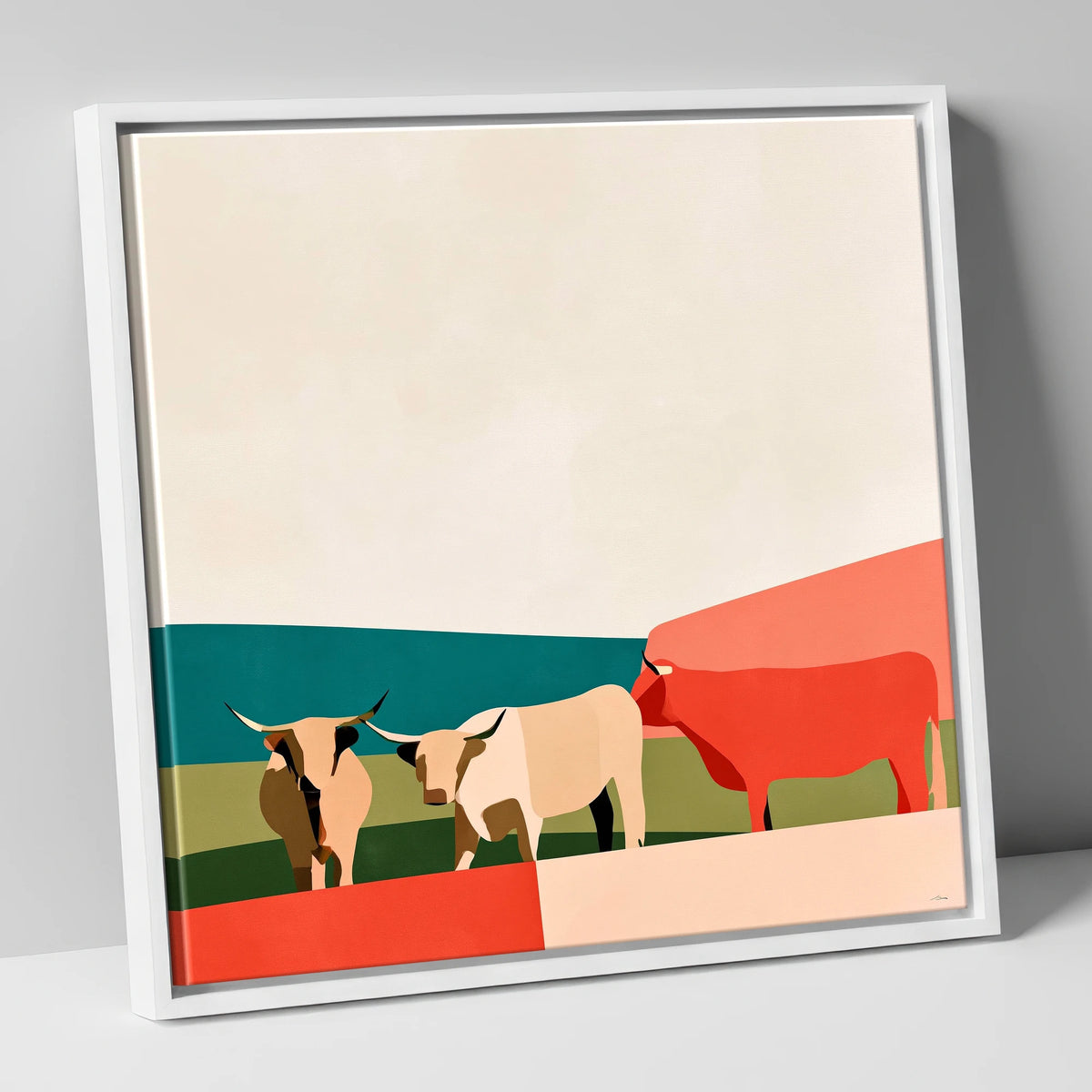 Abstract Highland Cattle and Fells lake district wildlife canvas wall art in white frame