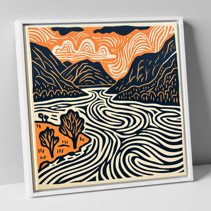 Ullswater in Terracotta and Navy lake district lake canvas wall art in white frame