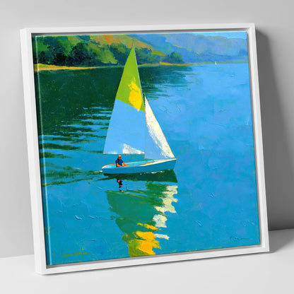 Blue Lake Sailing in Summer Light lake district walking canvas wall art in white frame