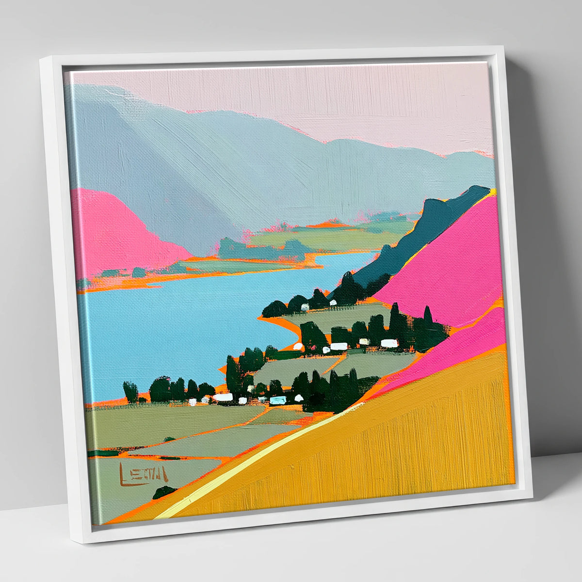 Vibrant Ullswater from Place Fell lake district village canvas wall art in white frame