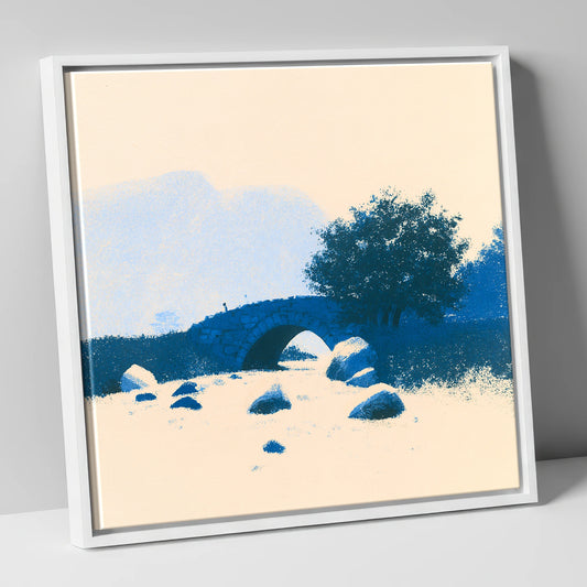 Blue Stone Bridge Over Beck lake district waterfall canvas wall art in white frame