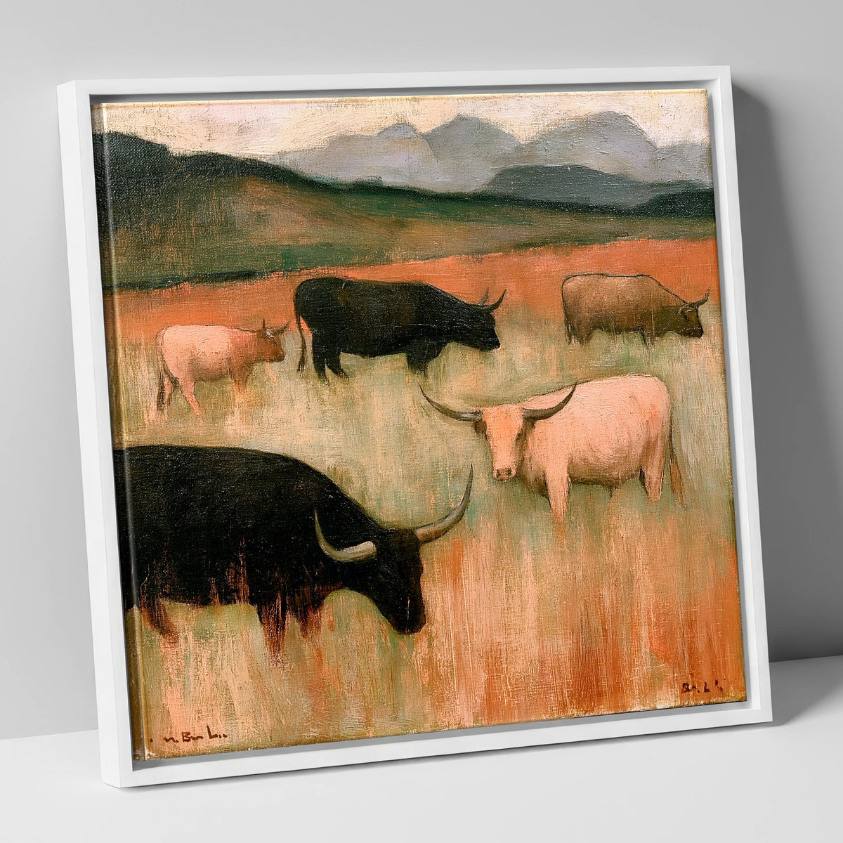Highland Cattle on Warm Fells lake district wildlife canvas wall art in white frame