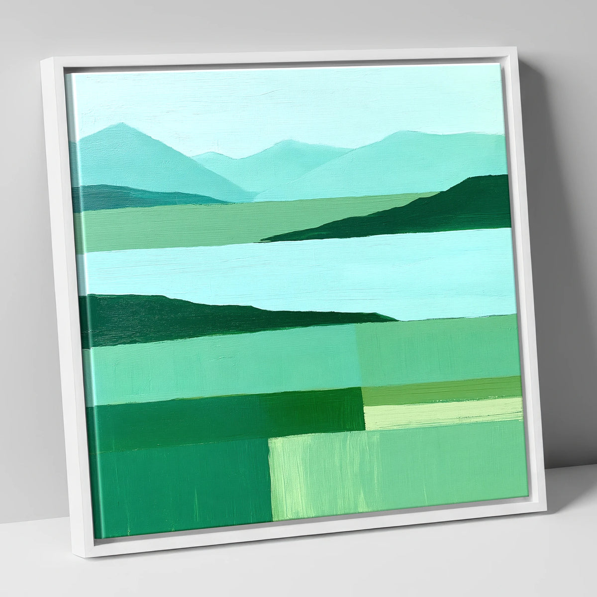 Coniston Water in Abstract Green lake district village canvas wall art in white frame