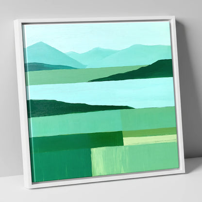 Coniston Water in Abstract Green lake district village canvas wall art in white frame
