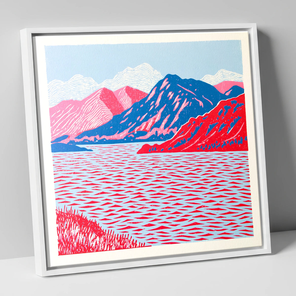 Ullswater in Vivid Red and Blue lake district lake canvas wall art in white frame