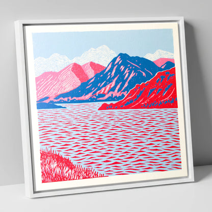 Ullswater in Vivid Red and Blue lake district lake canvas wall art in white frame