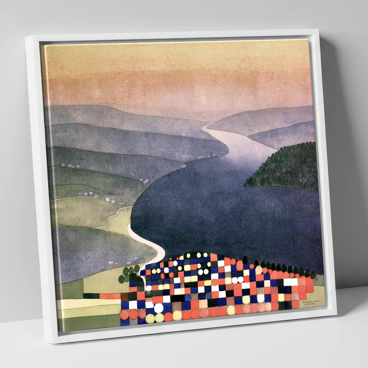 Geometric Ambleside and Indigo Waters lake district village canvas wall art in white frame