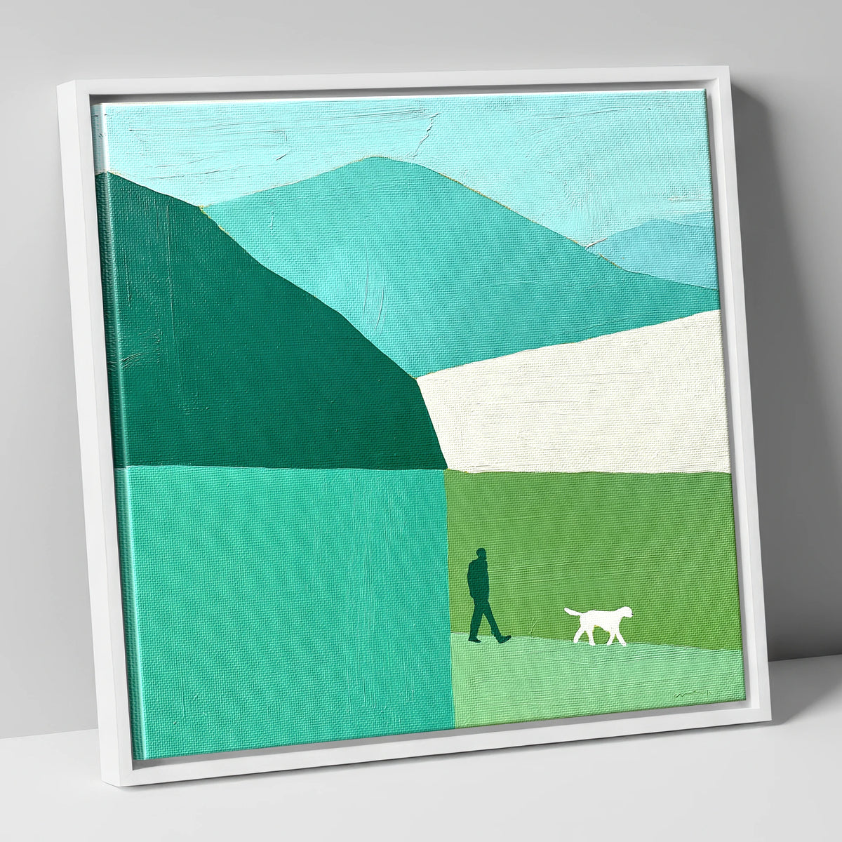 Braithwaite Dog Walker in Teal gifts for dog walkers canvas wall art in white frame