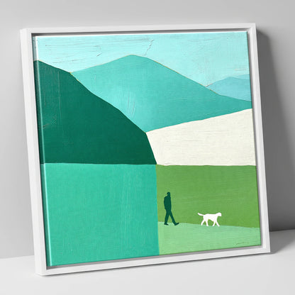 Braithwaite Dog Walker in Teal gifts for dog walkers canvas wall art in white frame