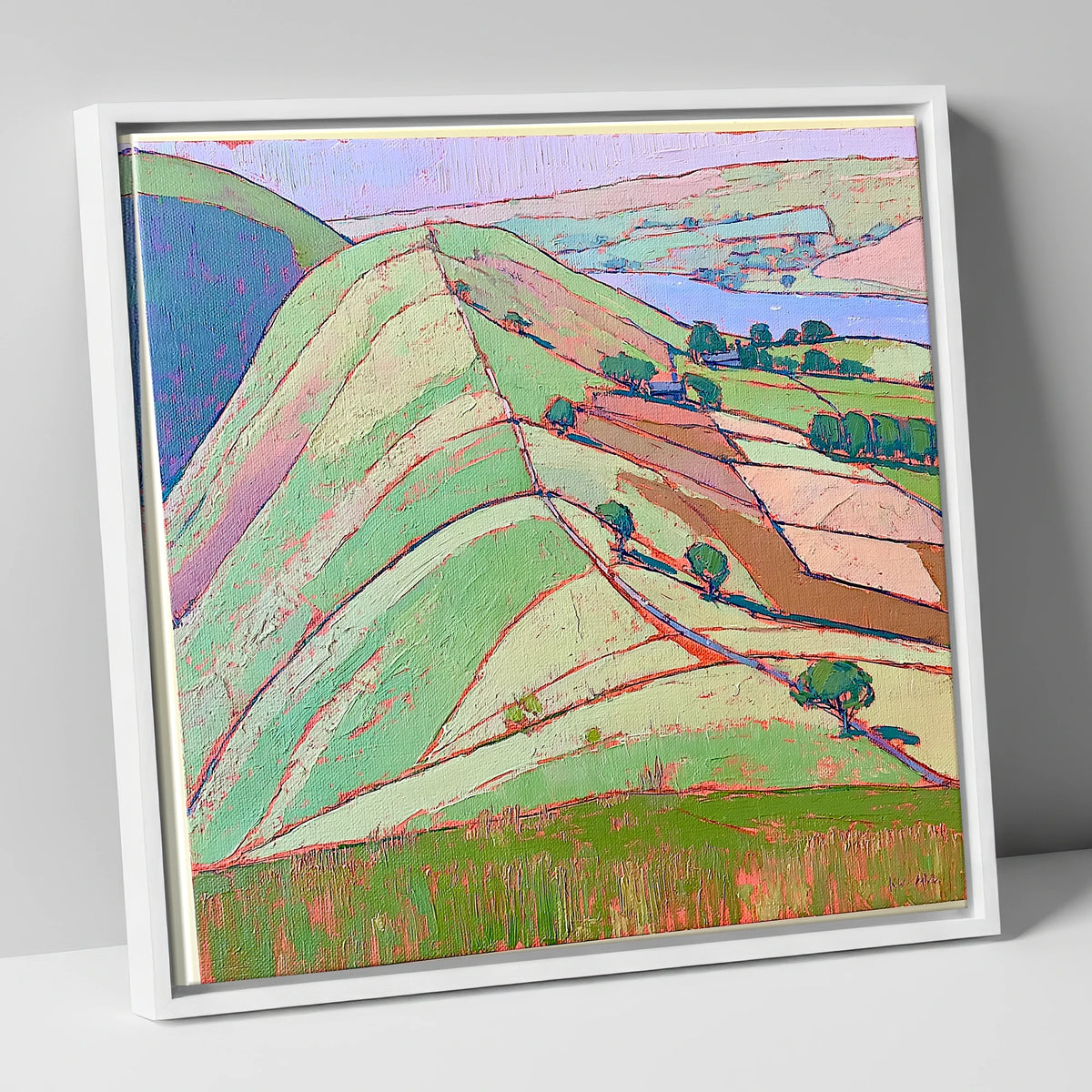 Vibrant Beda Fell Above Patterdale lake district village canvas wall art in white frame
