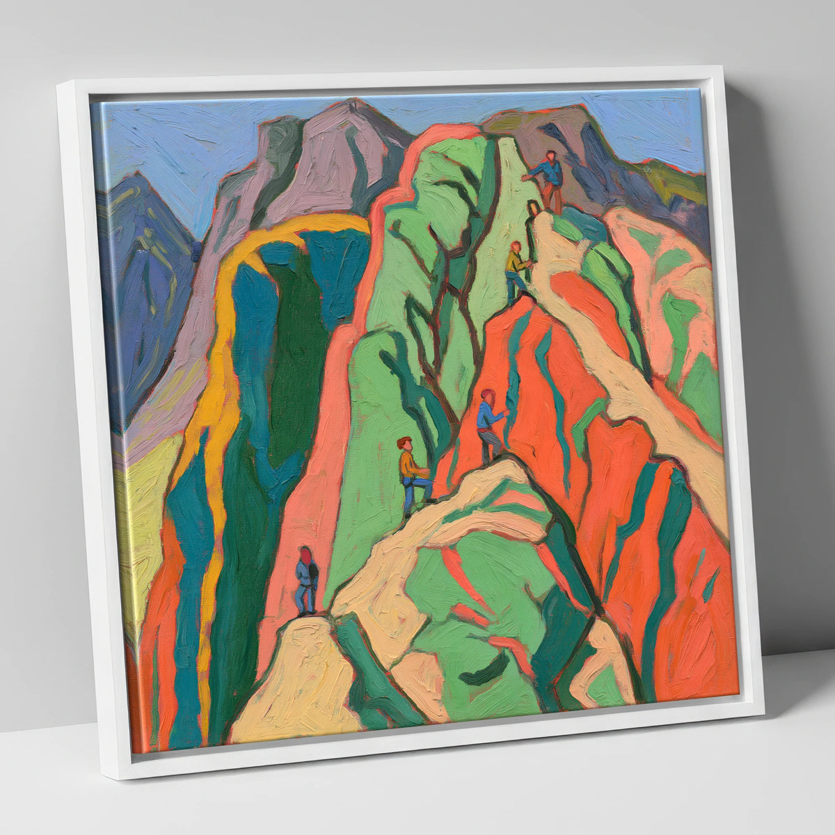 Climbers on a Vivid Crag lake district walking canvas wall art in white frame