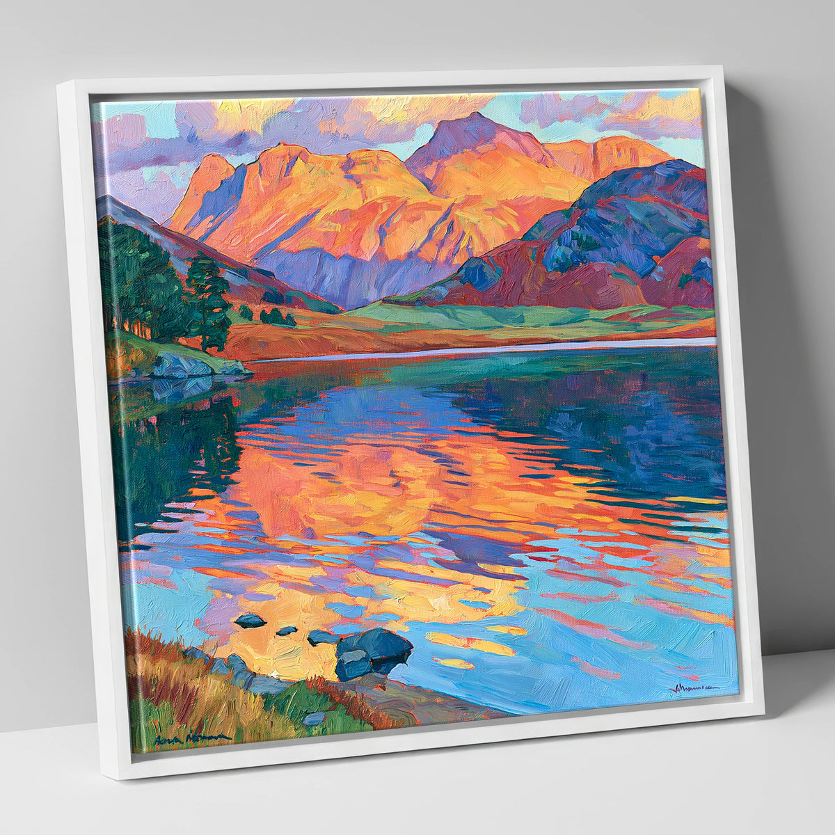 Radiant Fells and Lake Reflections lake district lake canvas wall art in white frame