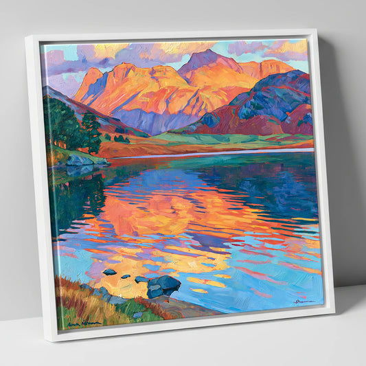 Radiant Fells and Lake Reflections lake district lake canvas wall art in white frame