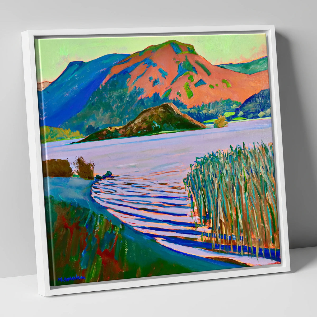 Grasmere Reeds and Vibrant Fells lake district lake canvas wall art in white frame