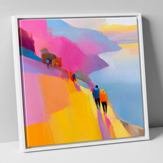 Bright Lakeside Mountain Path lake district walking canvas wall art in white frame