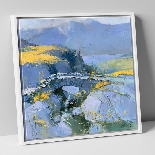 Ashness Bridge in Slate and Yellow lake district waterfall canvas wall art in white frame