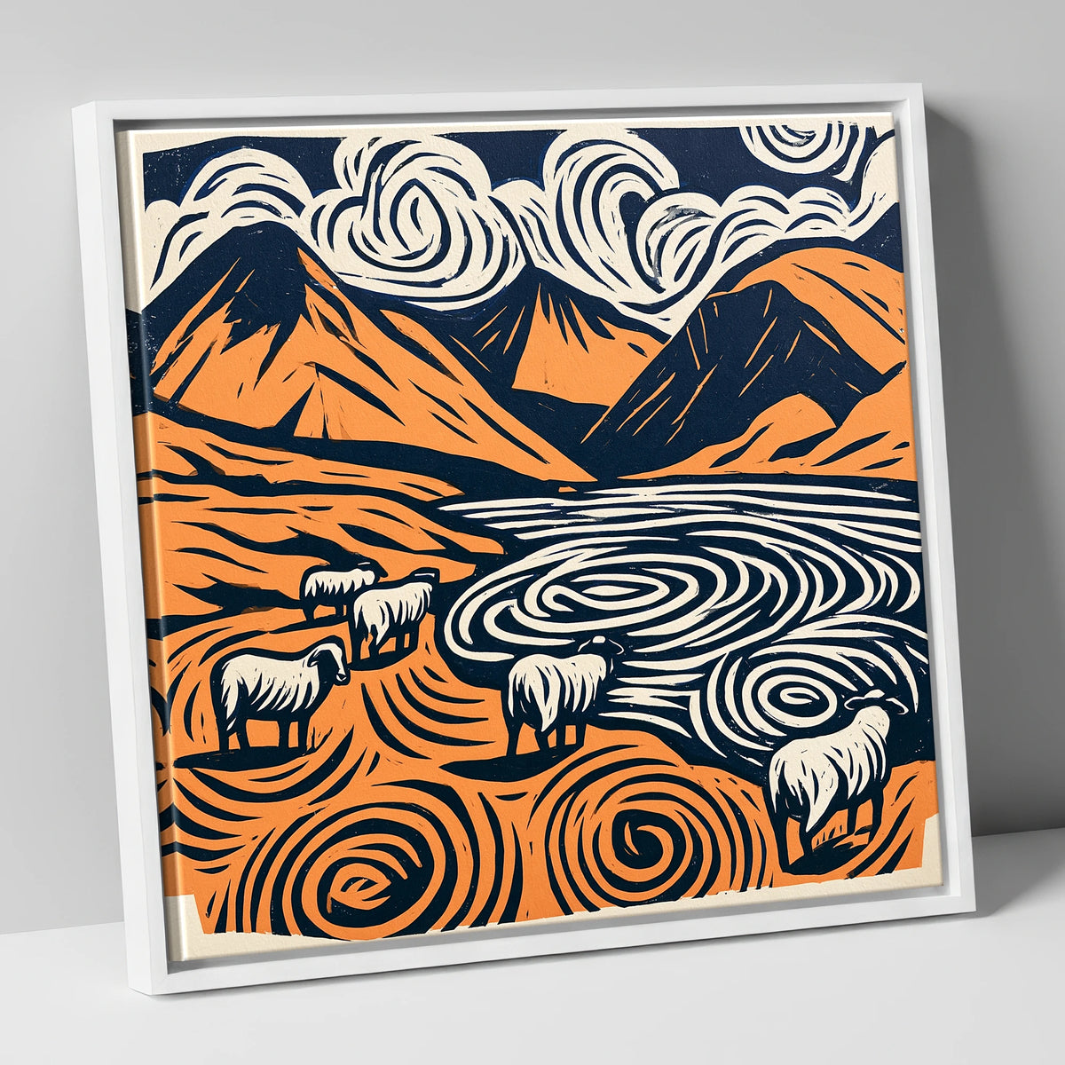 Scafell Pike in Terracotta and Navy lake district fell canvas wall art in white frame