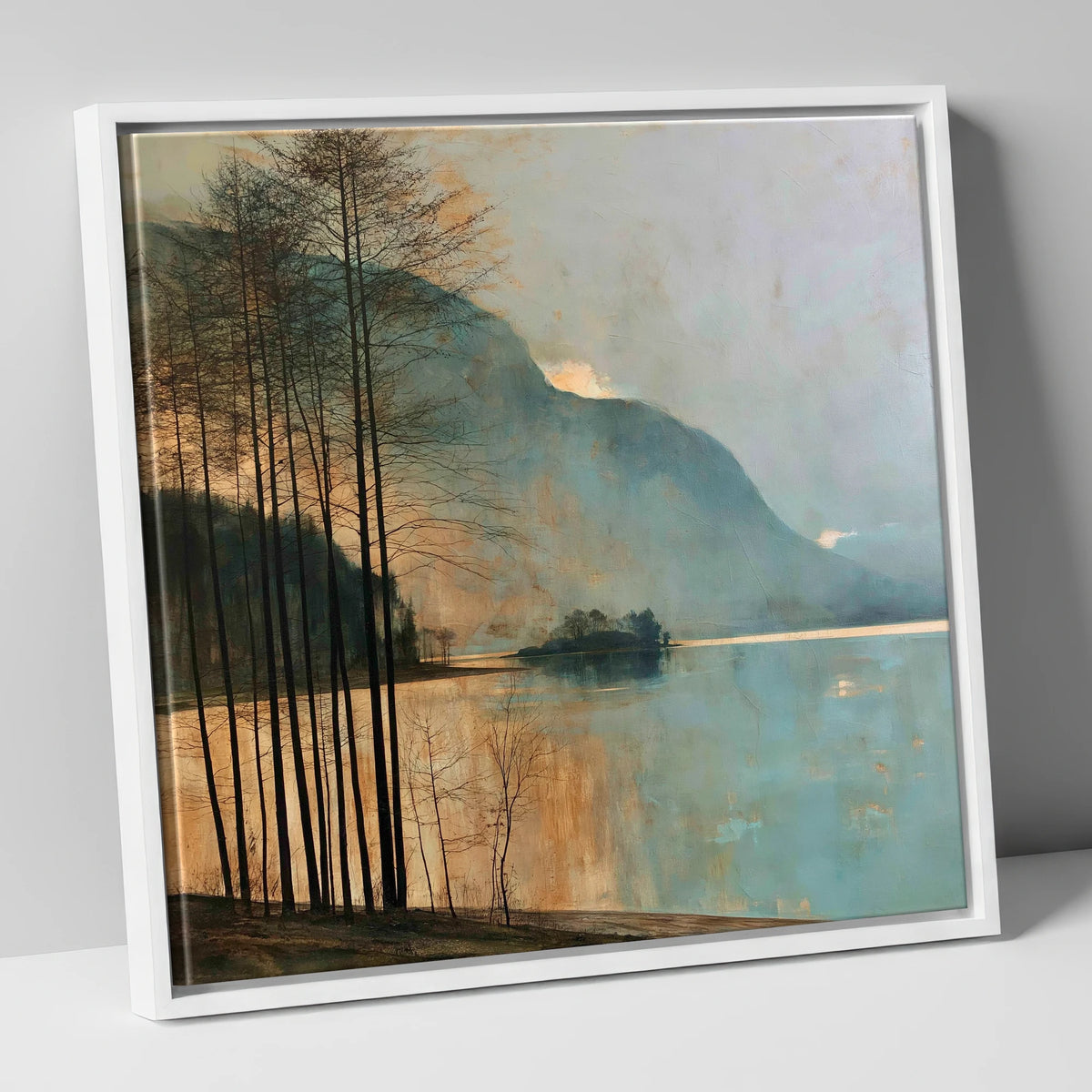 Grasmere Island in Golden Light lake district lake canvas wall art in white frame