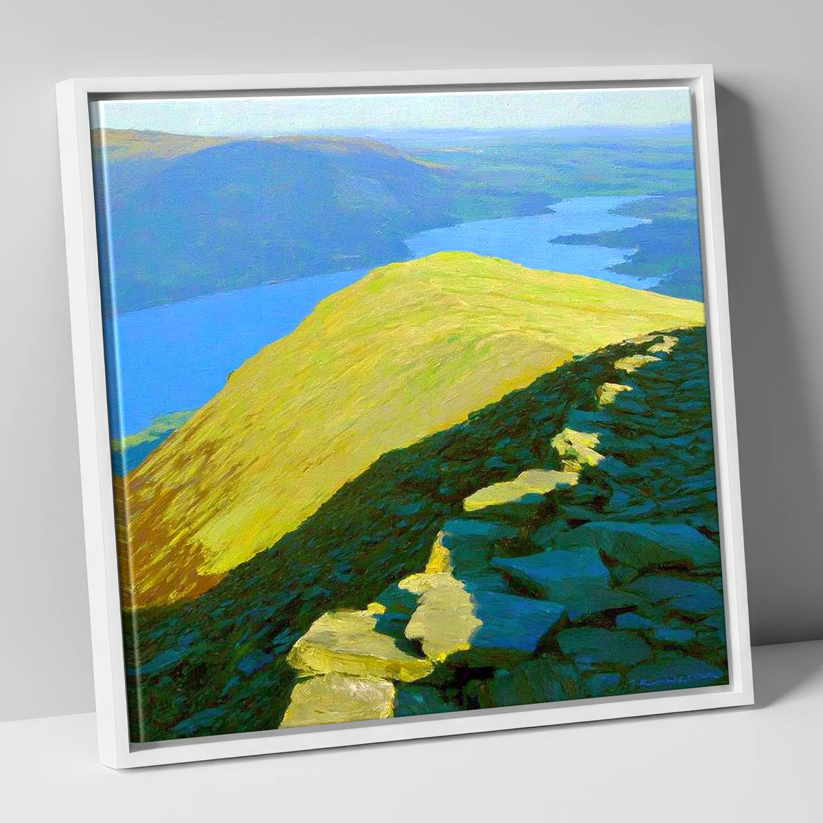 Sunlit Ridge from Heron Pike lake district fell canvas wall art in white frame