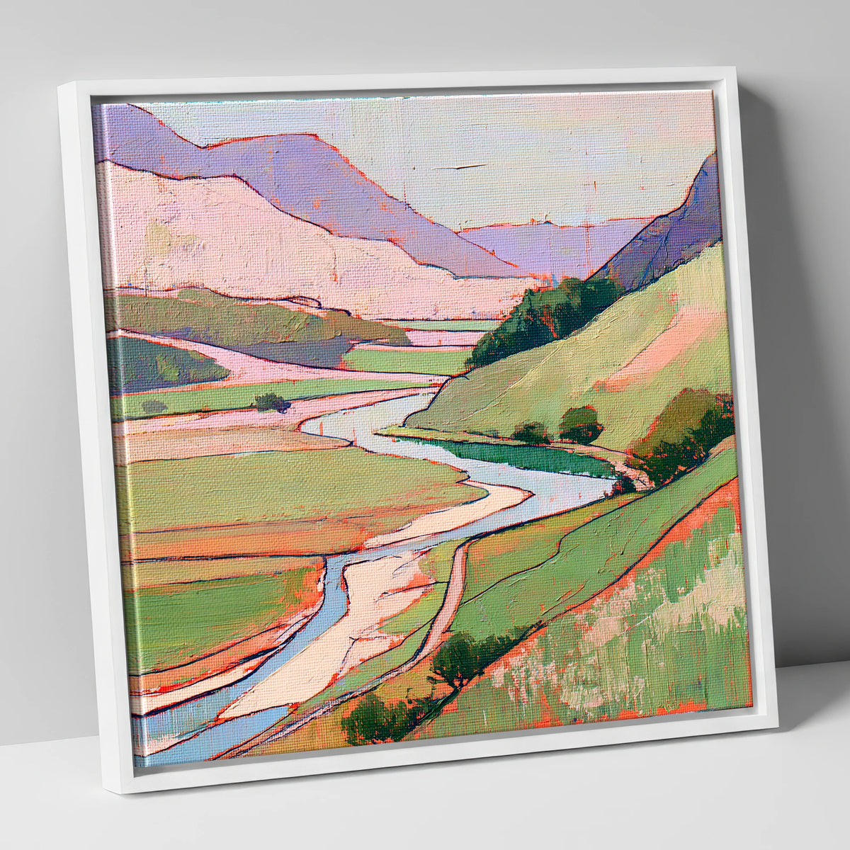 Pastel Fells and Winding River lake district waterfall canvas wall art in white frame
