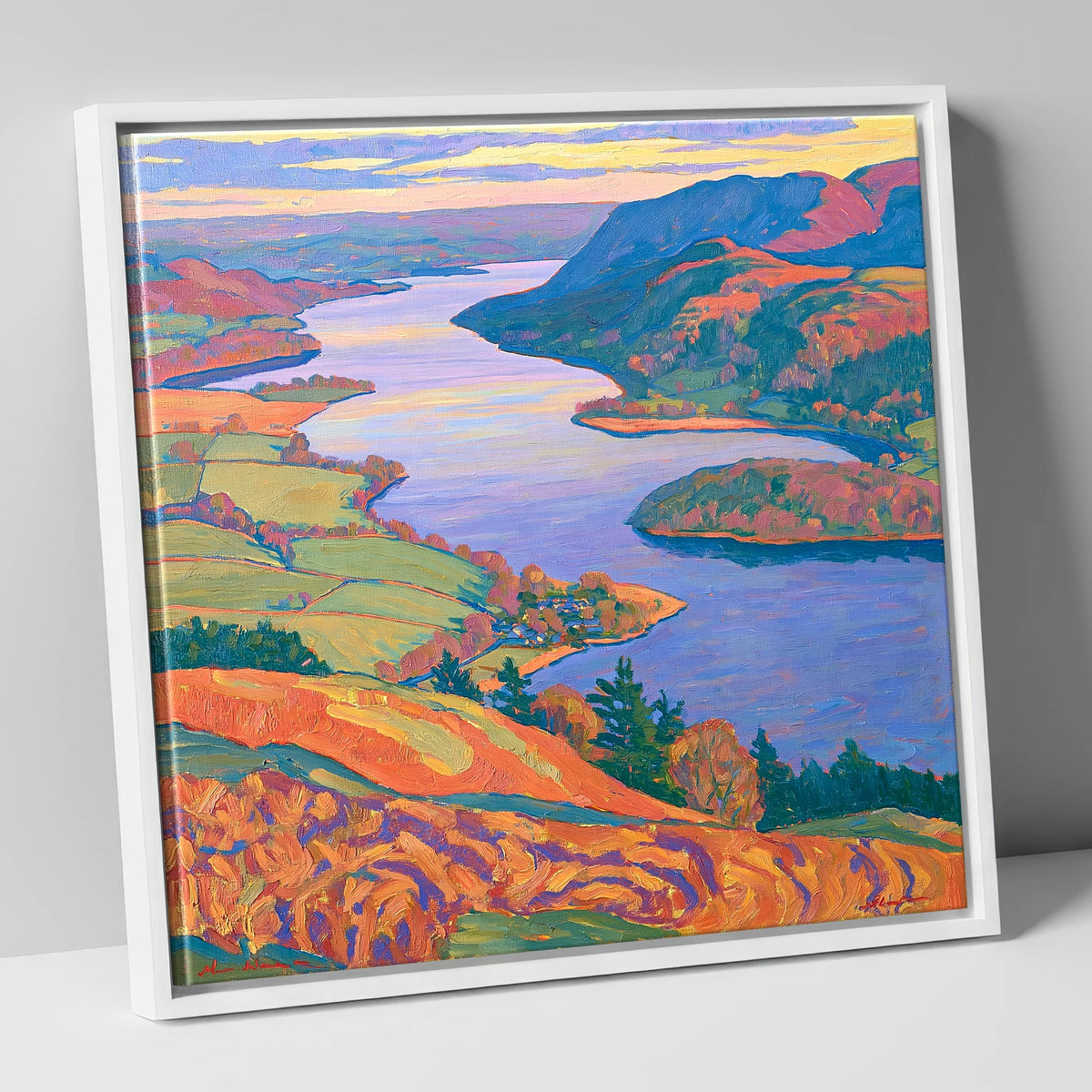 Bold Ullswater and Pooley Bridge lake district village canvas wall art in white frame