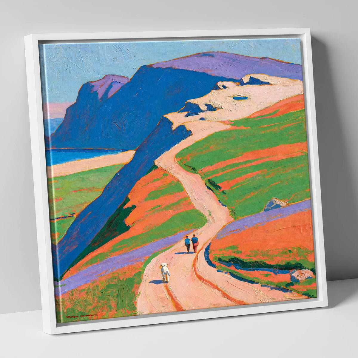 Vibrant Helvellyn Dog Walk gifts for dog walkers canvas wall art in white frame