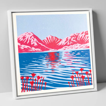 Vivid Fells Over Still Water lake district lake canvas wall art in white frame