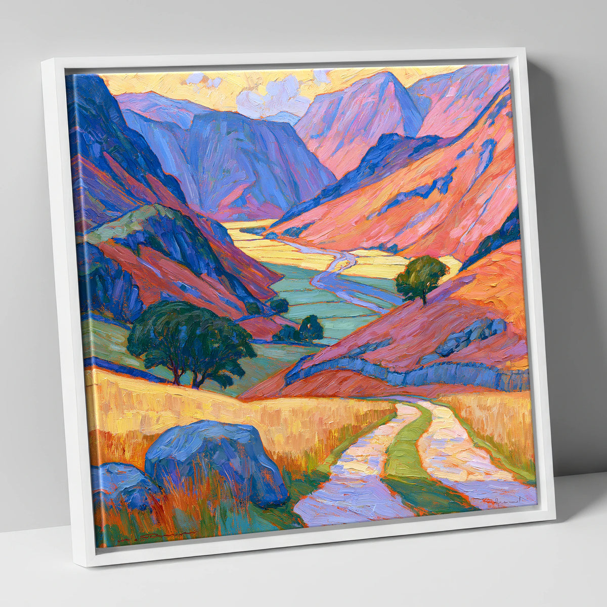 Vibrant Amber Light in the Fell Valley lake district valley canvas wall art in white frame