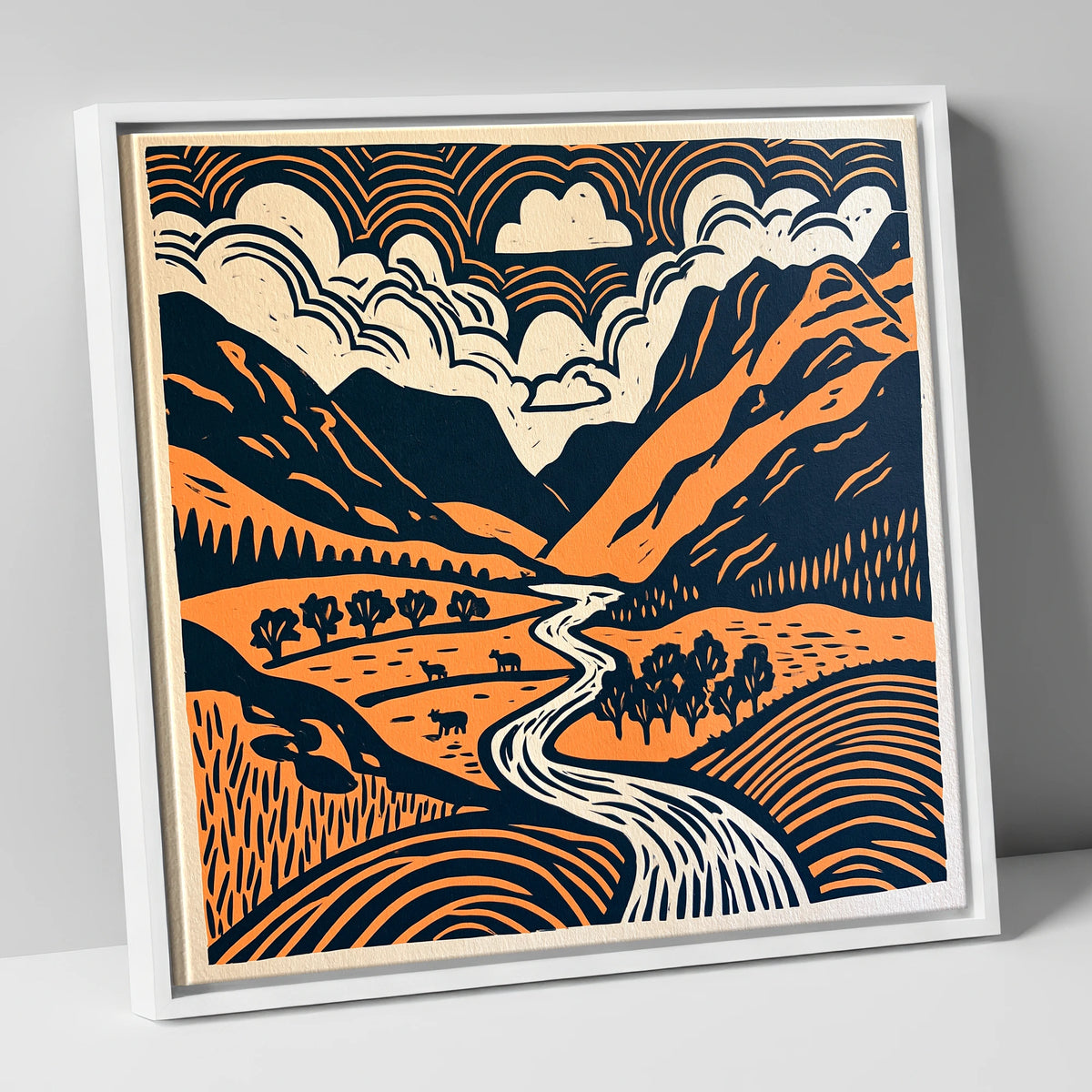 Graphic Great Langdale Valley lake district valley canvas wall art in white frame