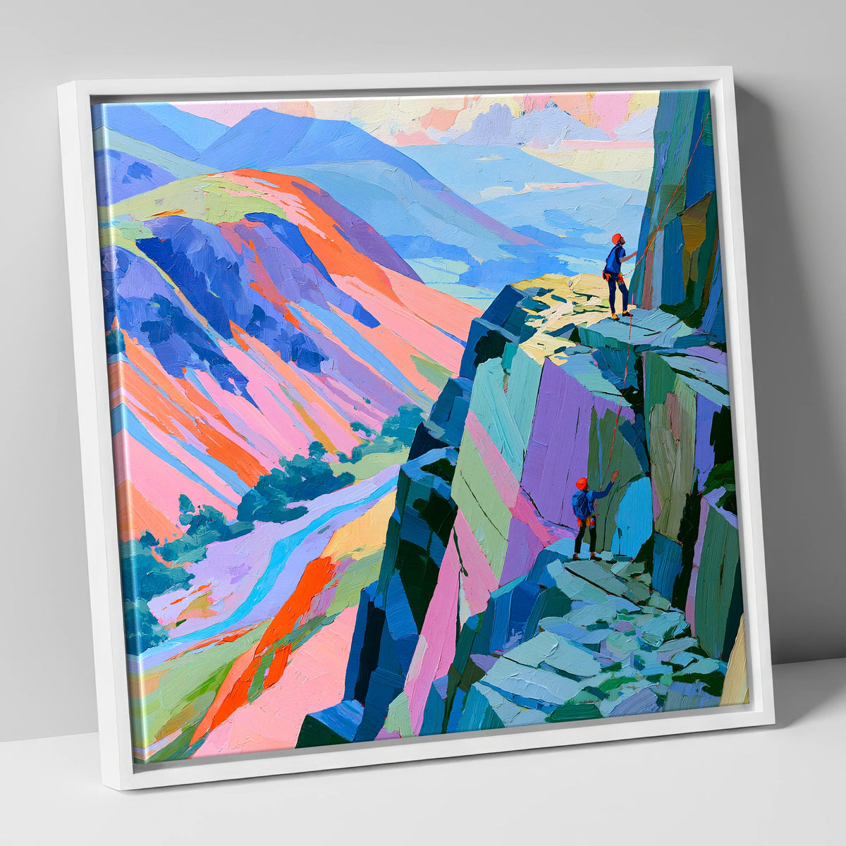 Rock Climbers on Vibrant Crag lake district walking canvas wall art in white frame