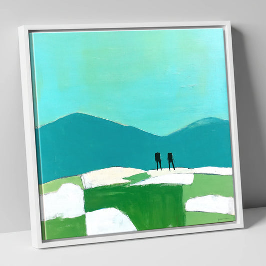 Fell Walkers Under Teal Sky lake district fell canvas wall art in white frame