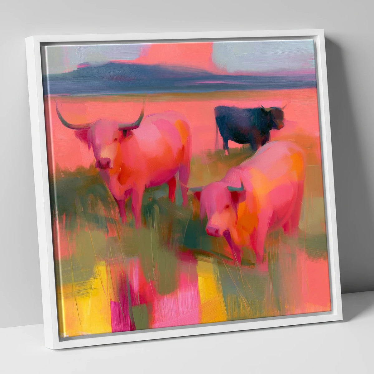 Pink Highland Cattle Grazing lake district wildlife canvas wall art in white frame