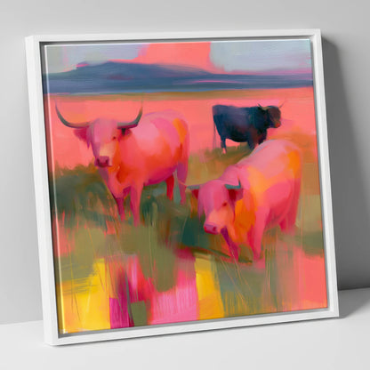 Pink Highland Cattle Grazing lake district wildlife canvas wall art in white frame