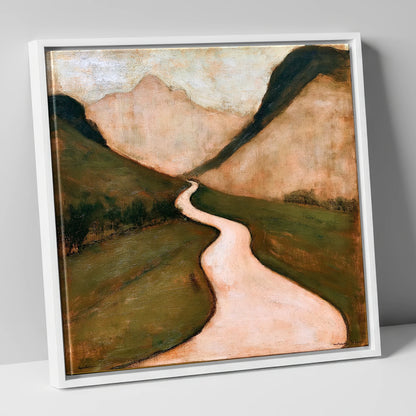 Winding Mountain Pass in Warm Tones lake district valley canvas wall art in white frame