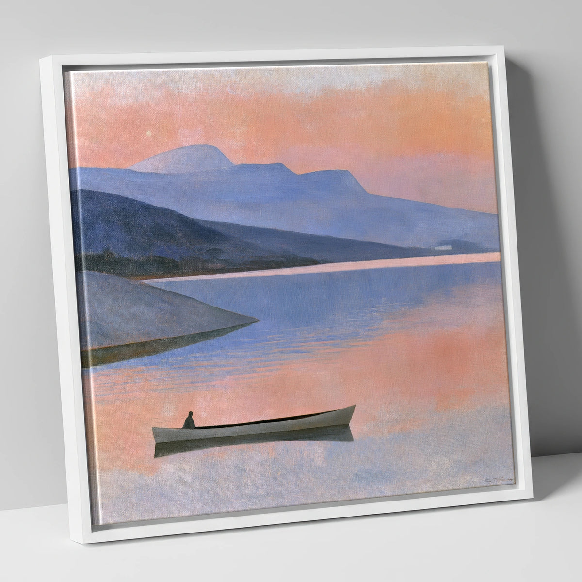 Twilight Lake with Lone Boat lake district lake canvas wall art in white frame