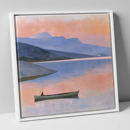 Twilight Lake with Lone Boat lake district lake canvas wall art in white frame