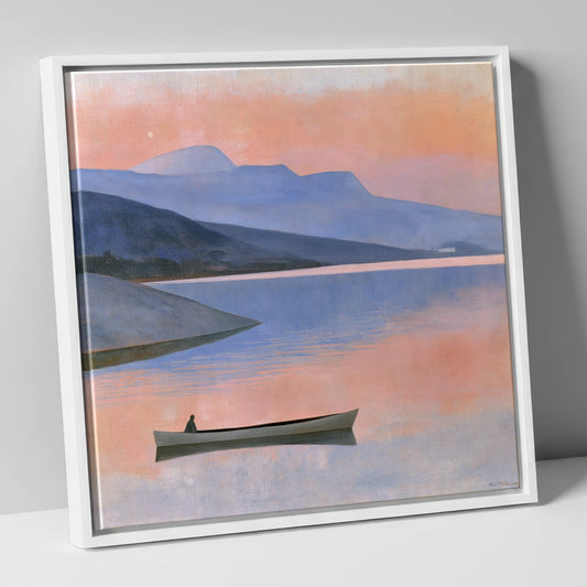 Twilight Lake with Lone Boat lake district lake canvas wall art in white frame
